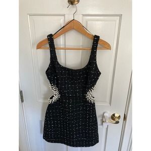 Zara Tweed Black & White Mini Dress with cutouts and pearls, XS